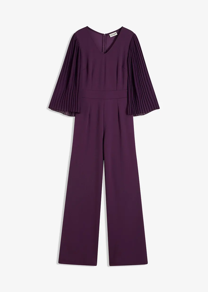 Jersey-Overall mit Plissee-Ärmel aus feinem Chiffon