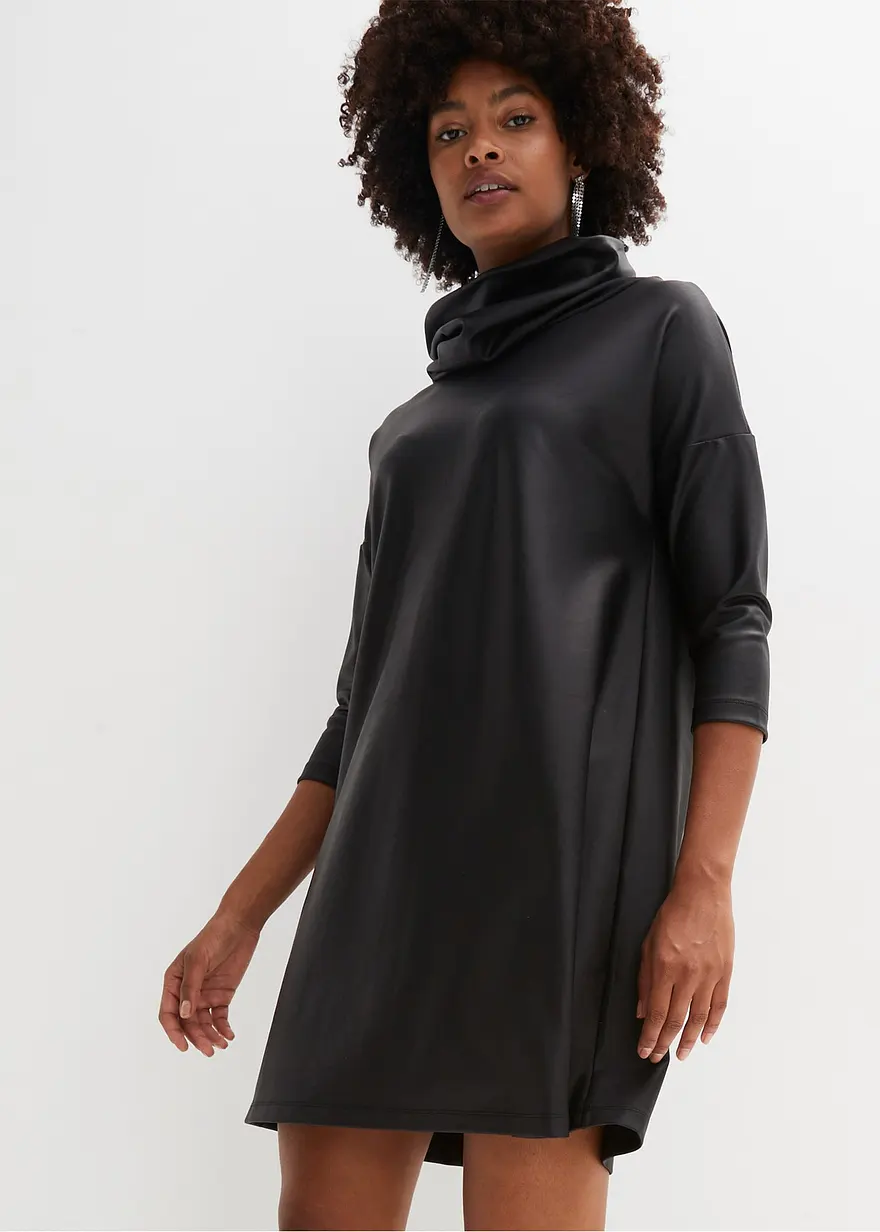 Lederimitat-Kleid mit Schalkragen