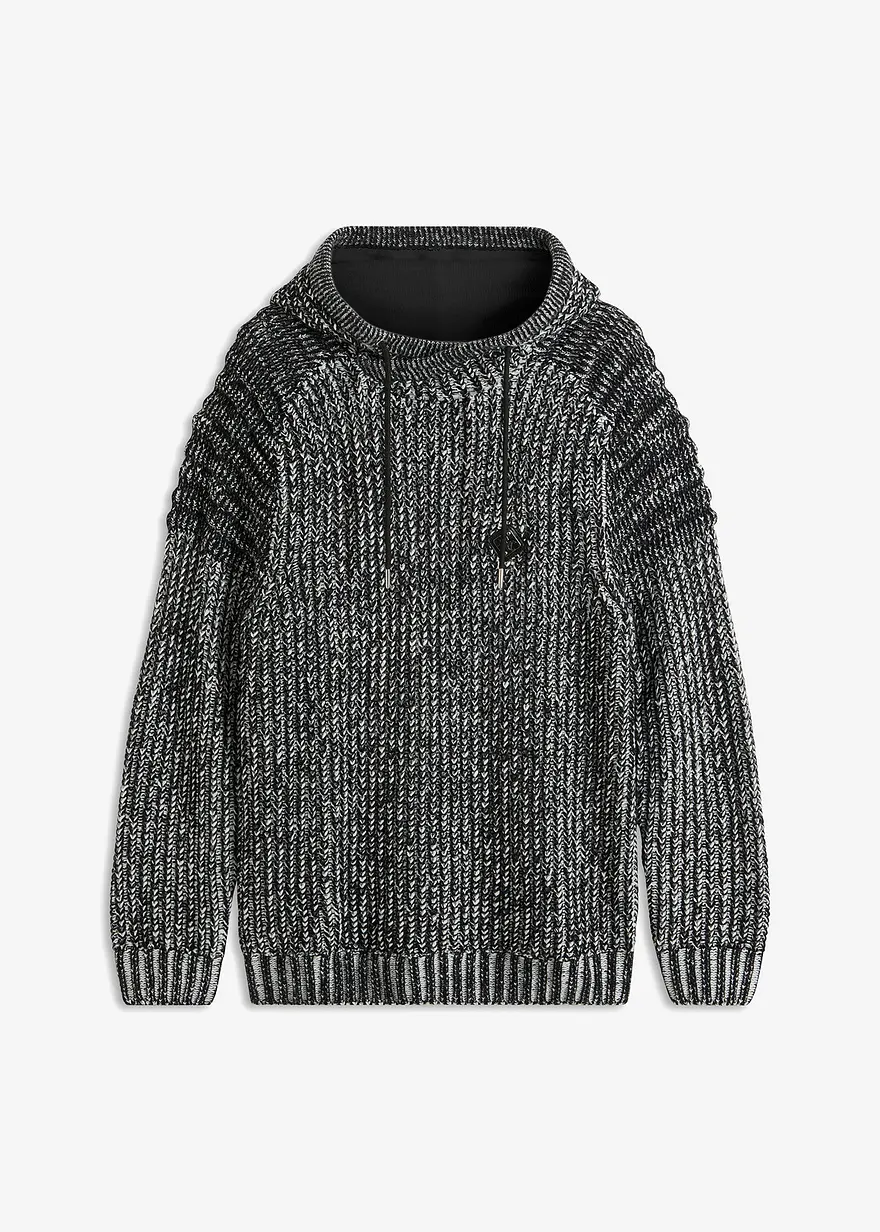 Grobstrick-Pullover mit Kapuze und Bikerdetails