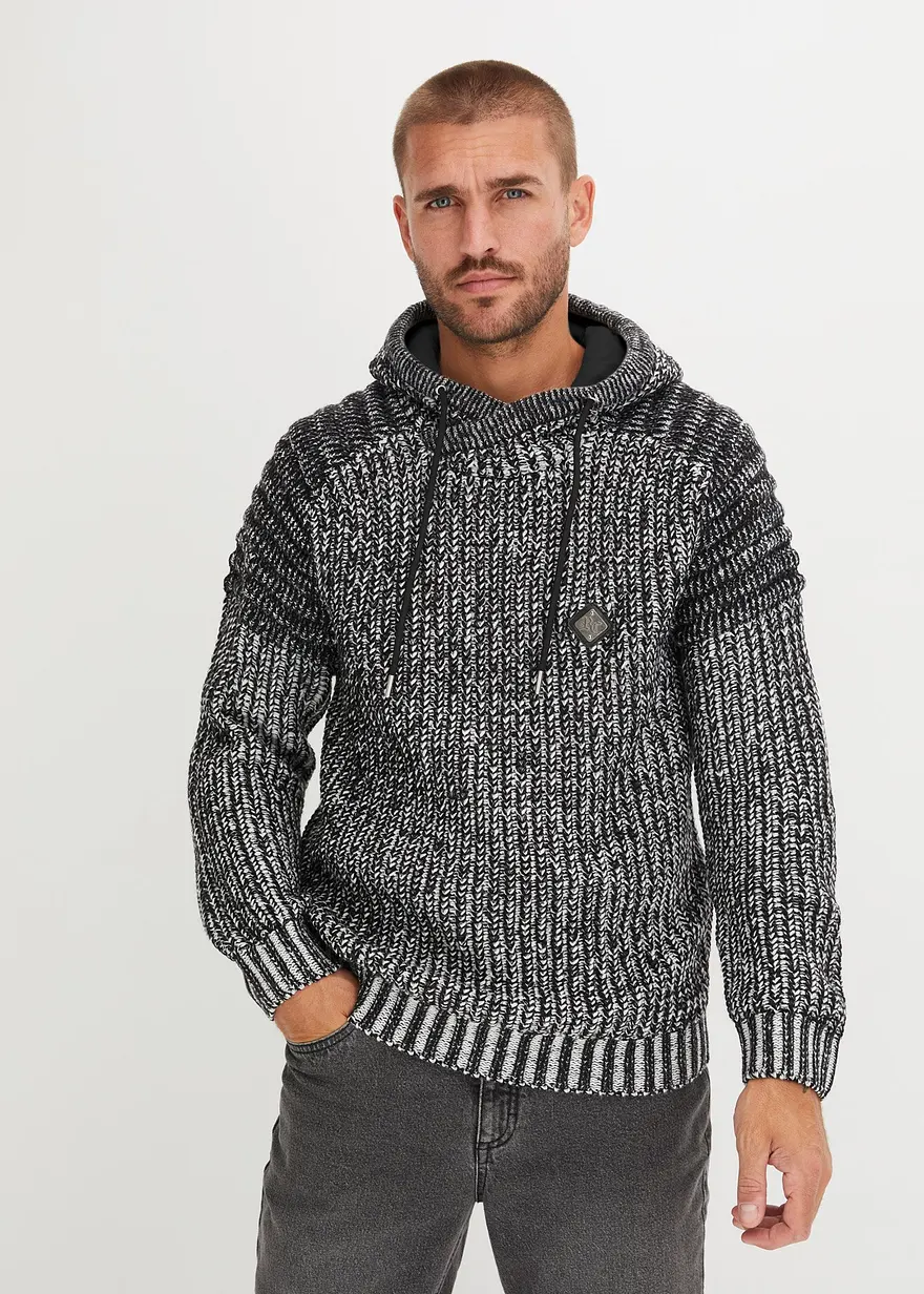 Grobstrick-Pullover mit Kapuze und Bikerdetails