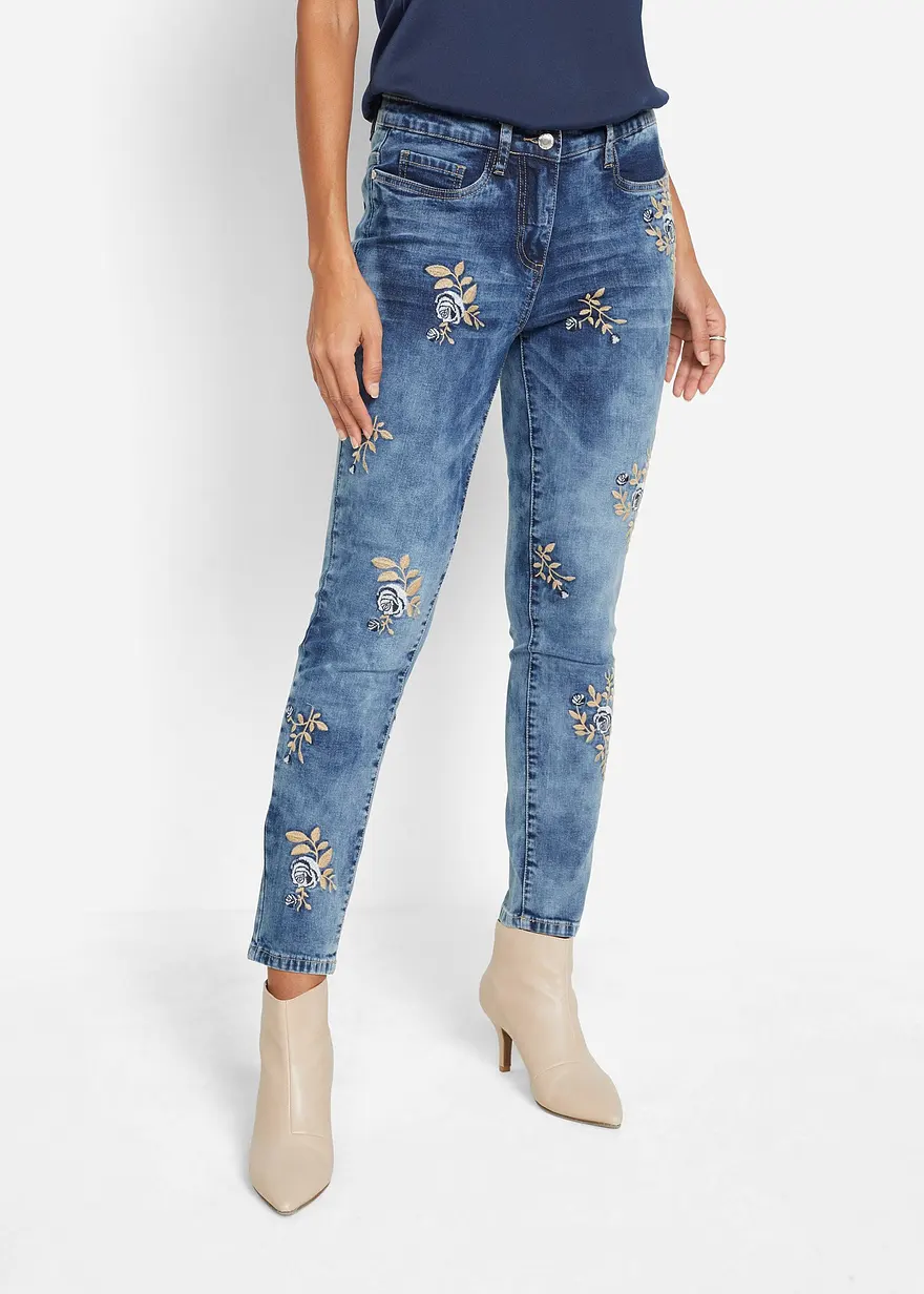 Slim-Fit-Jeans mit floraler Stickerei