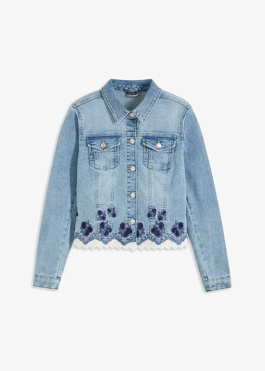 Jeansjacke mit Stickerei und Spitze