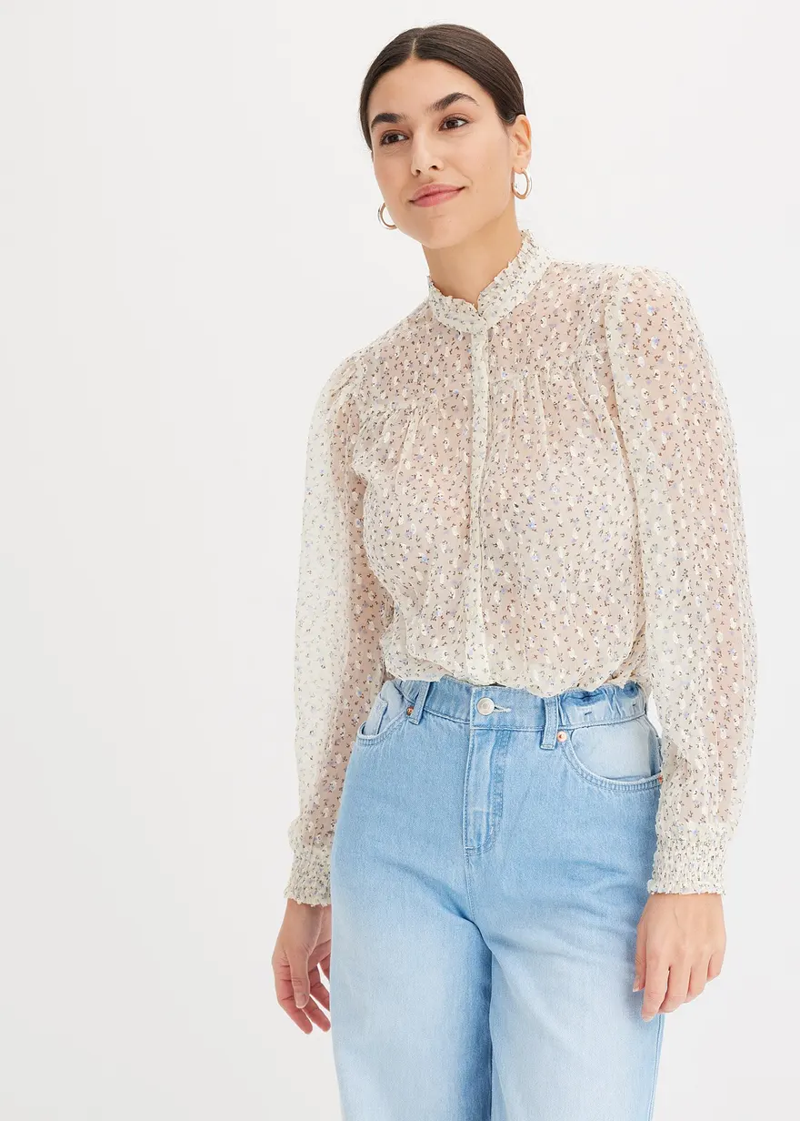Bedruckte Chiffonbluse mit Rüschen
