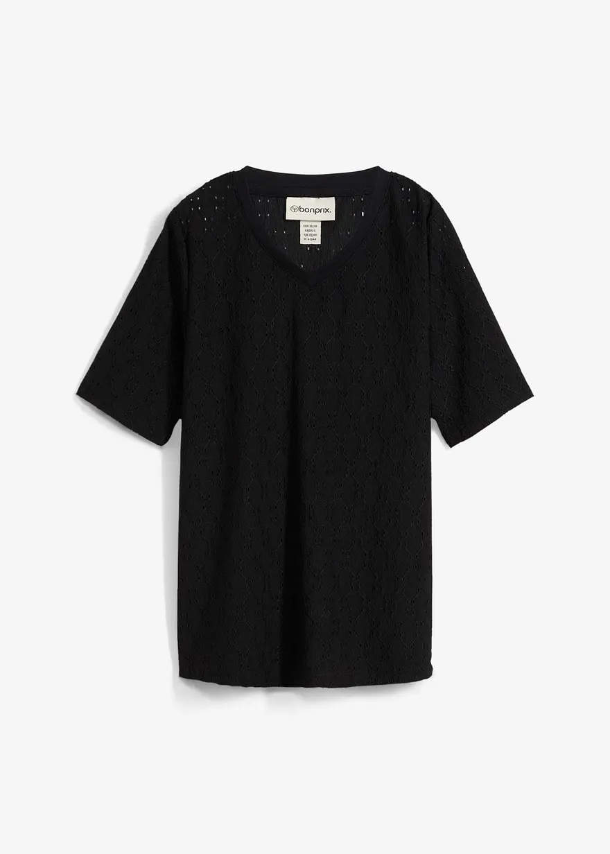 Crêpe-Shirt mit Lochstickerei