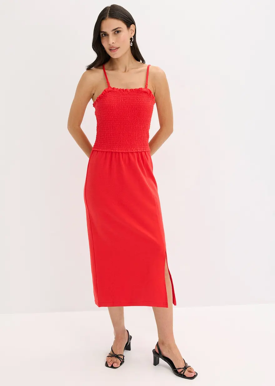 Midikleid aus festem Jersey mit Smockeinsatz und Schlitz