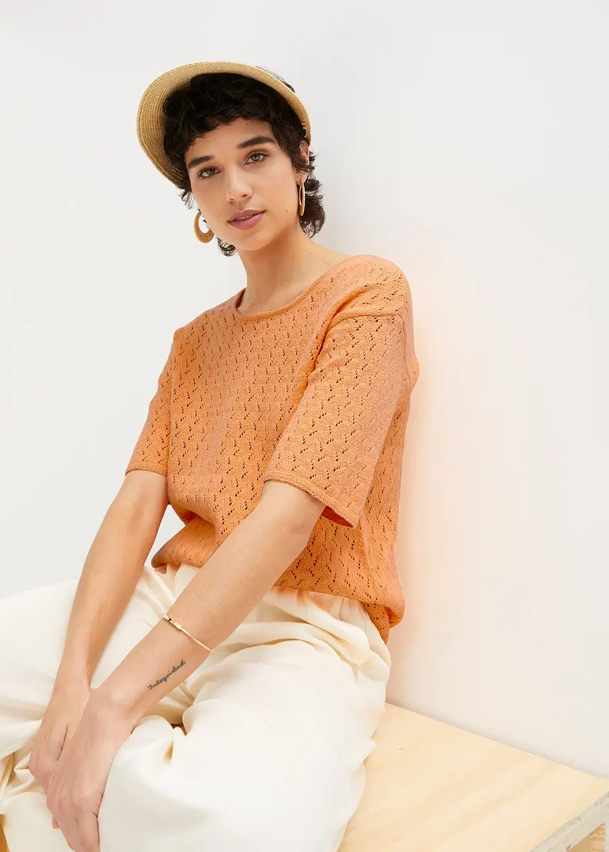 Ajour- Pullover mit Leinen, 1/2- Arm