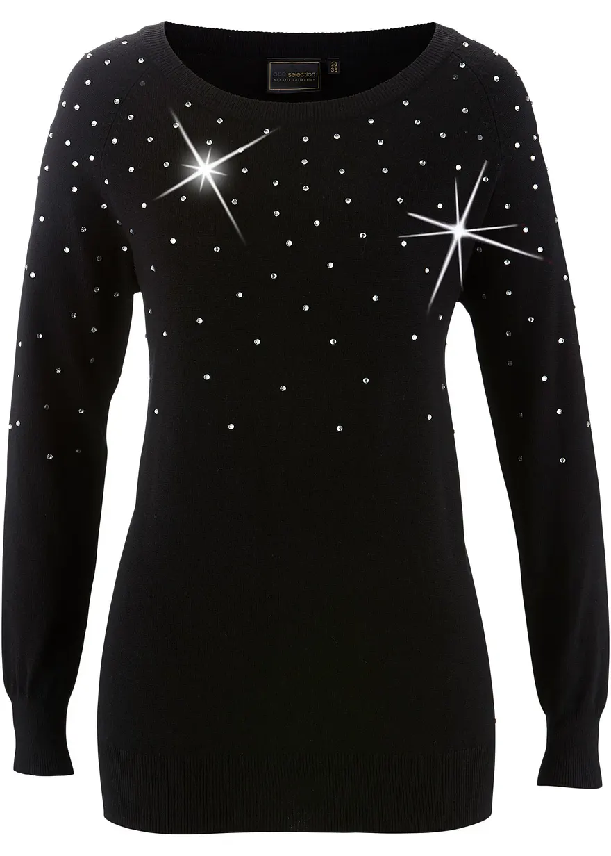 Long-Pullover mit Glitzersteinen