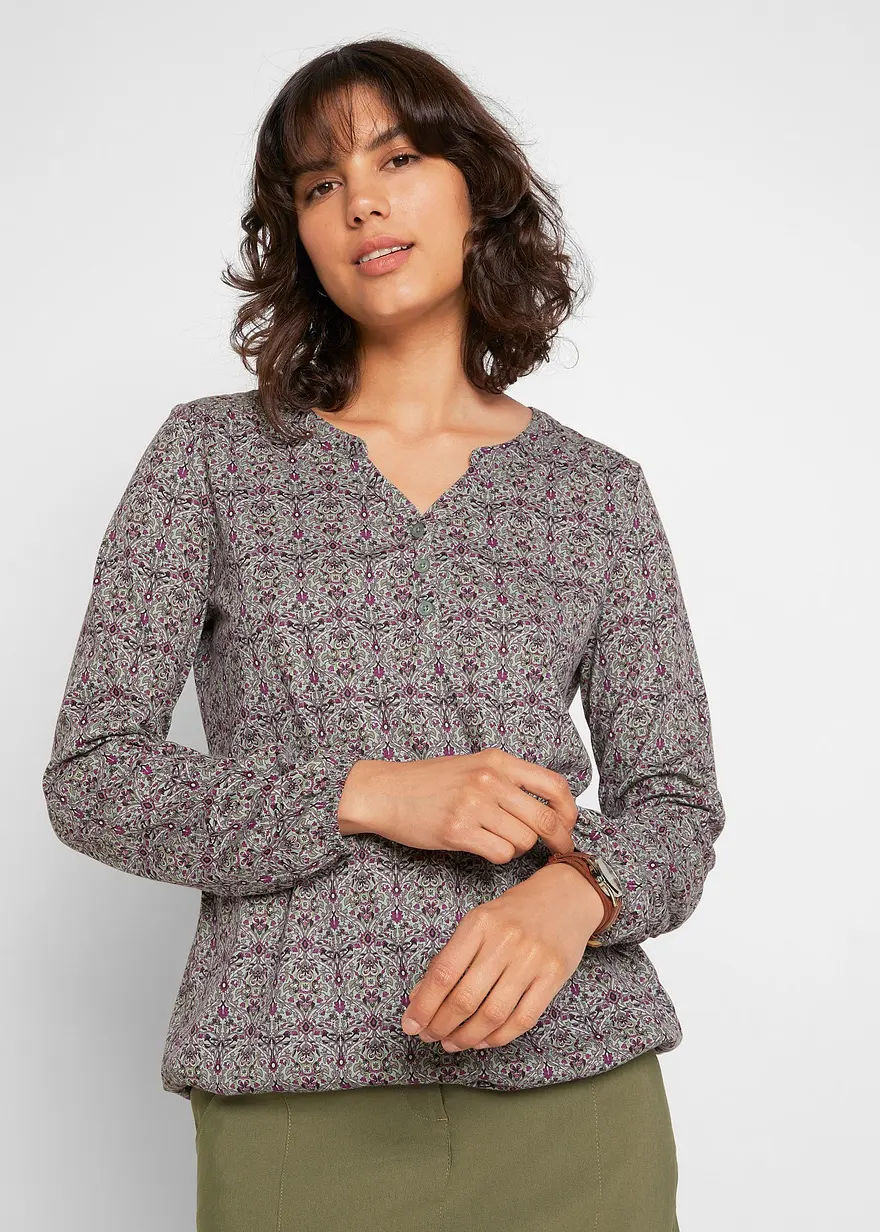 Bedrucktes Langarmshirt mit Henley-Kragen