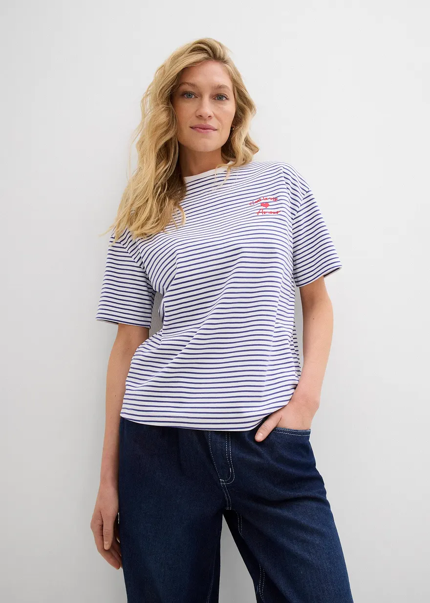 Gestreiftes T-Shirt mit Stickerei
