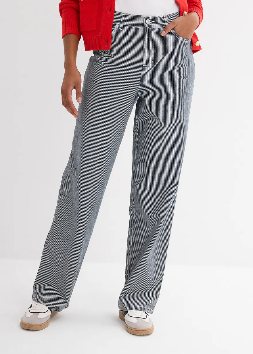 Loose Straight-Jeans, High Waist, gestreift