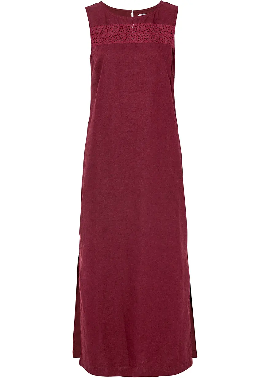 Maxi-Kleid mit Leinen, Lochmuster am Ausschnitt und Seitenschlitz
