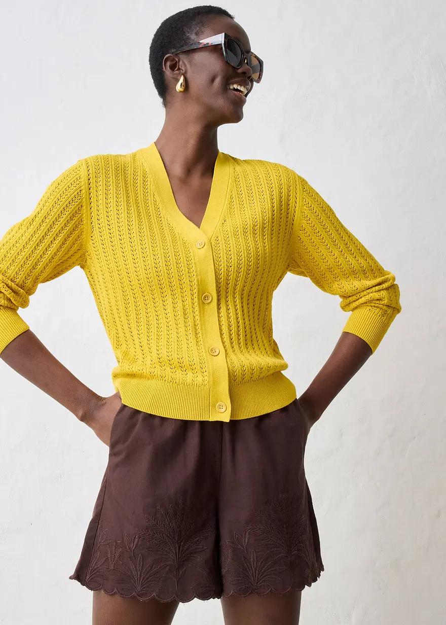 Ajour-Strickjacke mit Leinenanteil