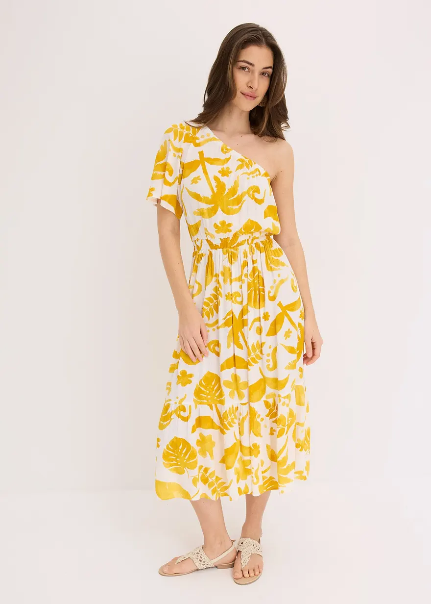 bedrucktes One-Shoulder-Kleid aus strukturierter Viskose