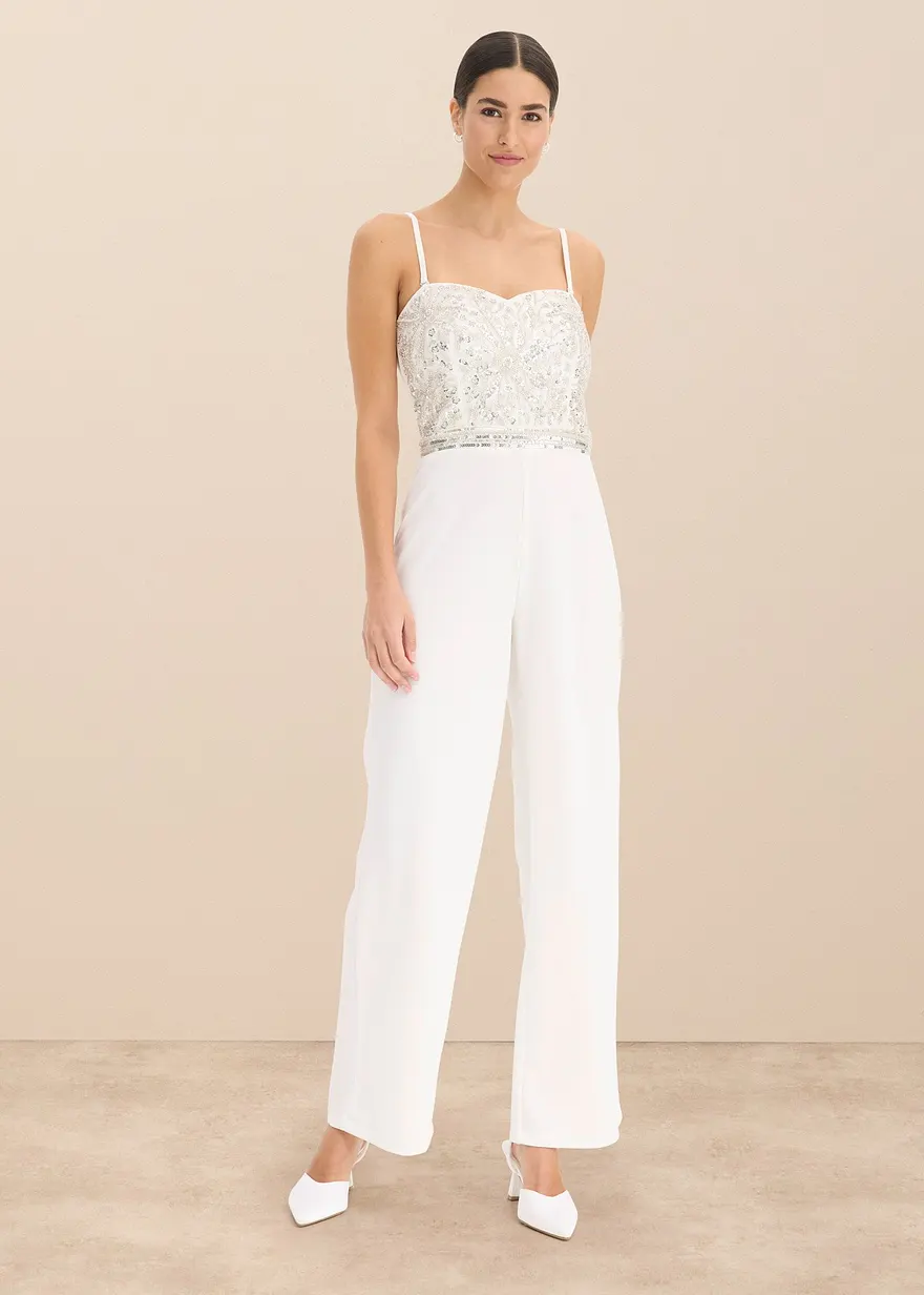 Braut-Overall aus strukturiertem Crepe mit Perlenstickerei