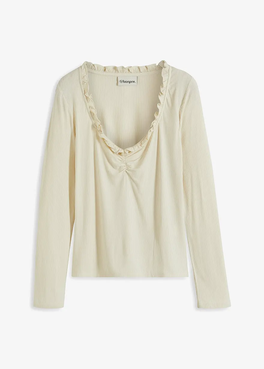 Rippshirt mit Raffung und Volant