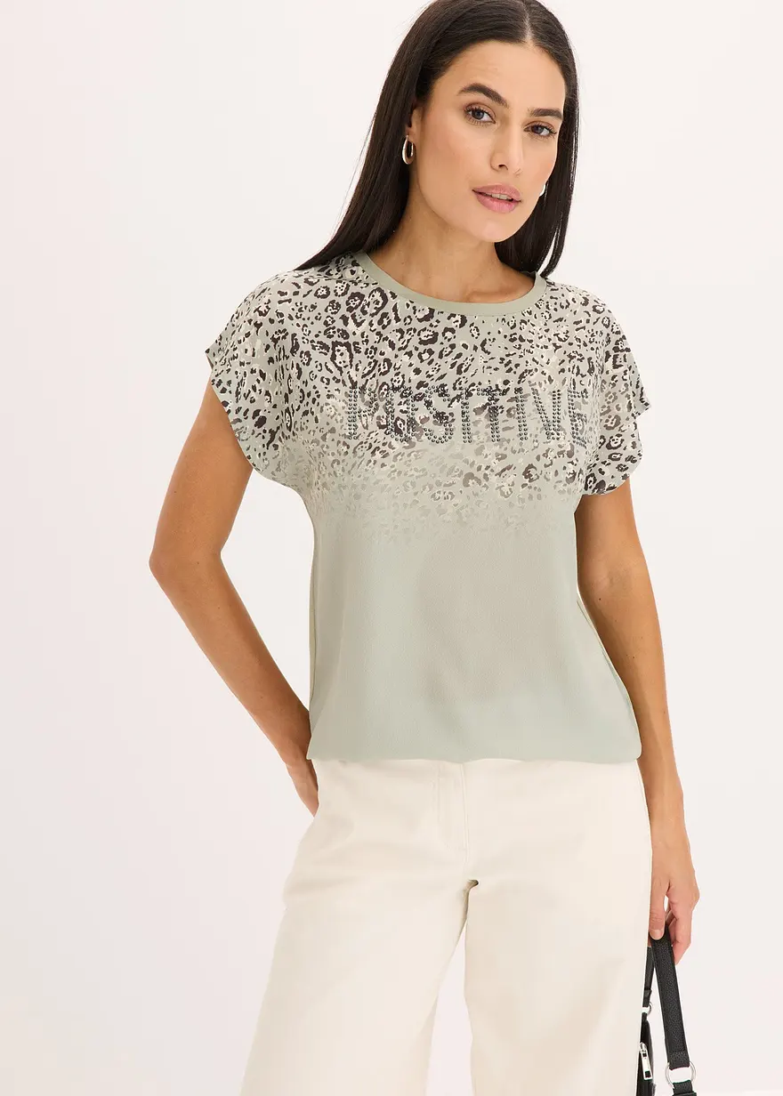 Shirt mit Webeinsatz und Glitzersteinchen
