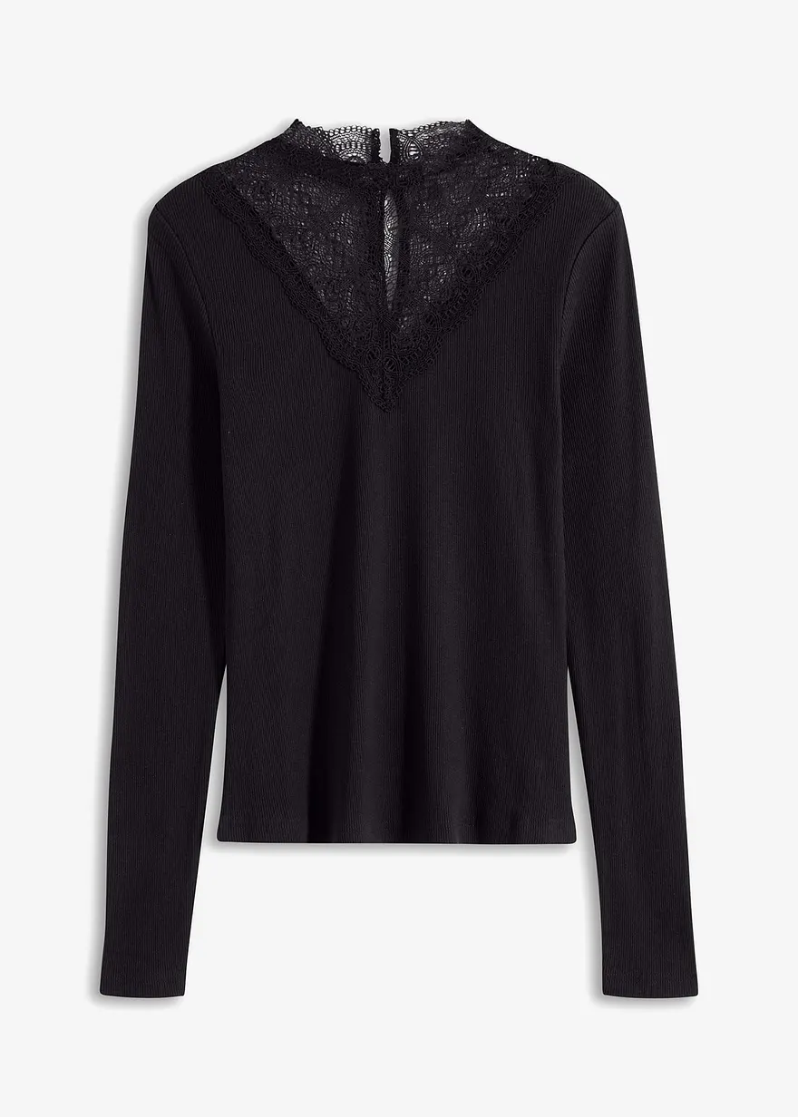Rippshirt mit Spitzen-Ausschnitt