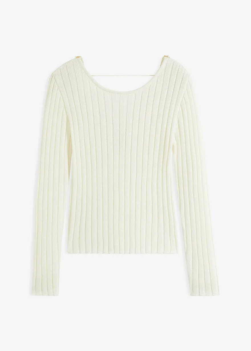 Gerippter Pullover mit dekorativem Perlenband