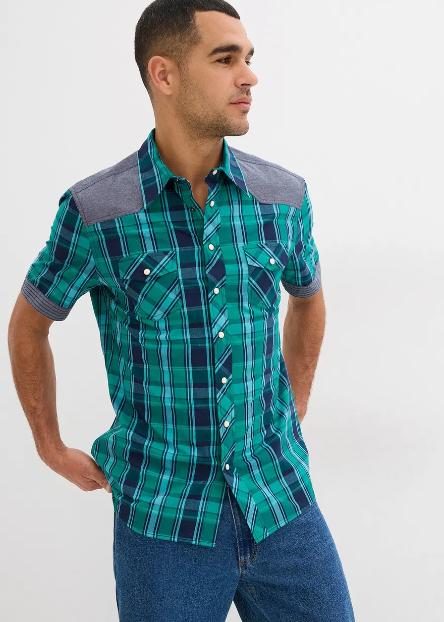 Kurzarmhemd mit Denim-Besatz
