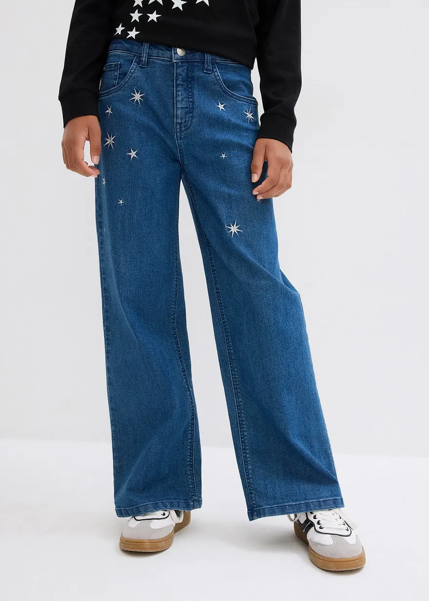 Wide-Leg-Jeans mit Stickerei Mid Waist