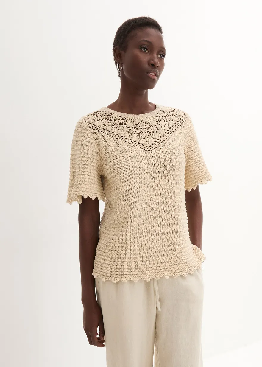 Ajour-Pullover mit Leinenanteil