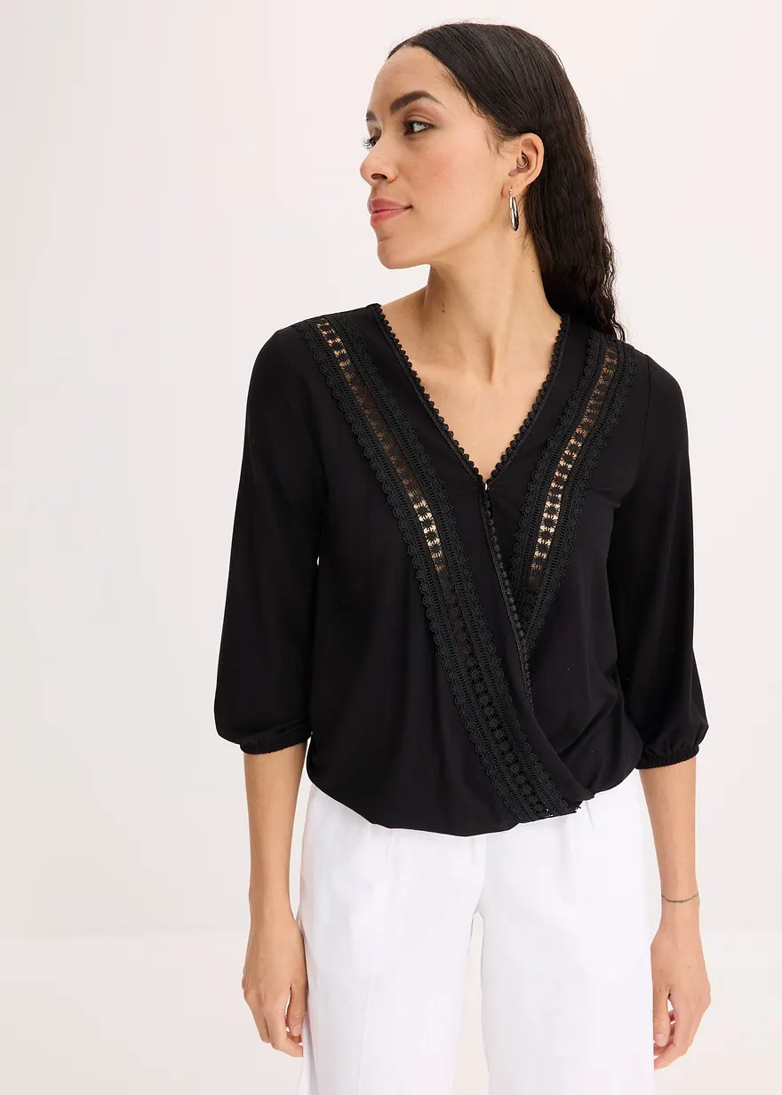 3/4-Arm Shirt mit Spitze in Wickeloptik