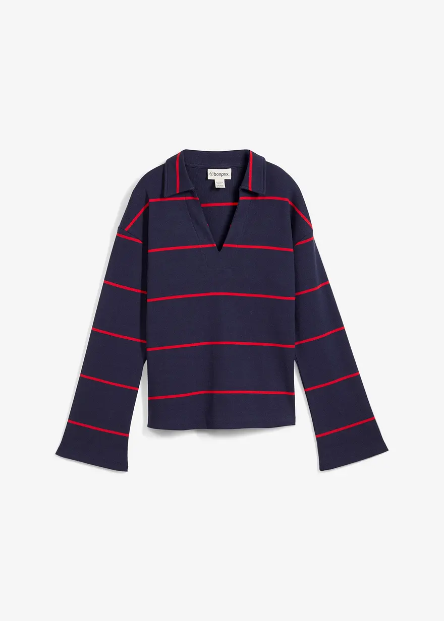 Geripptes Langarm-Poloshirt