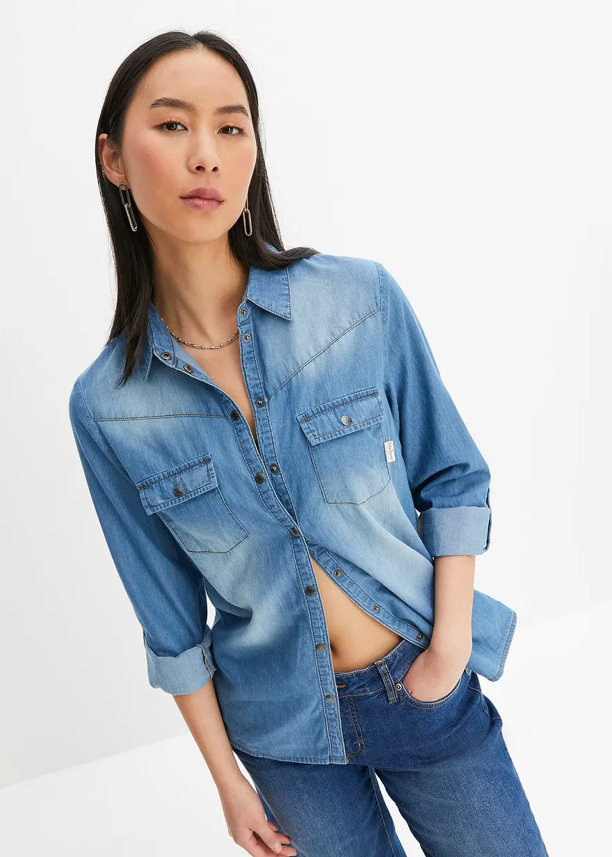 Jeansbluse mit Druckknöpfen, Langarm