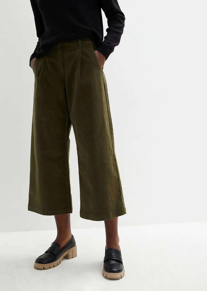 Weite Stretchcord-Culotte mit High-Waist-Bequembund, 7/8-Länge