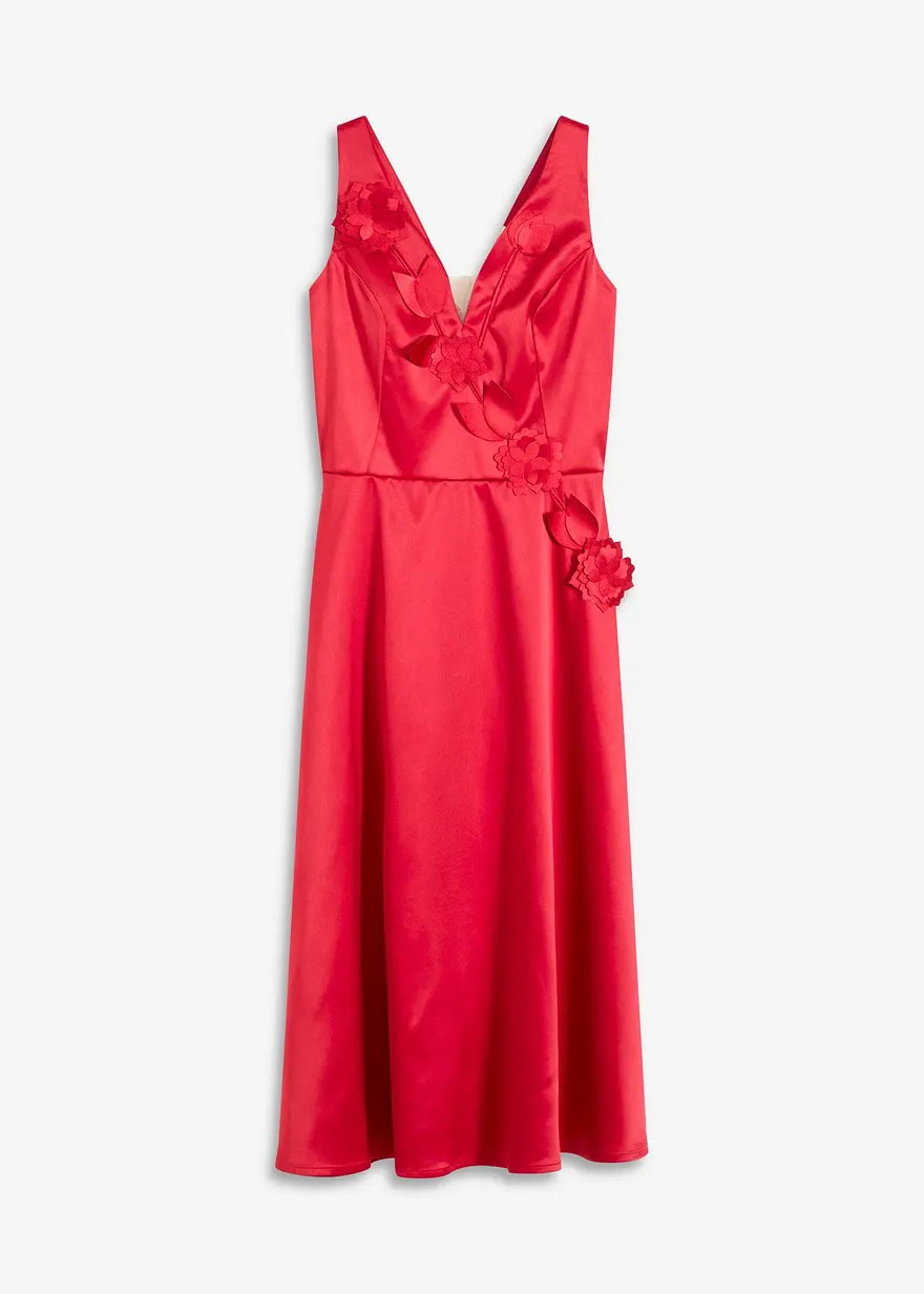 Midikleid aus glänzendem Satin mit Blumen-Applikation