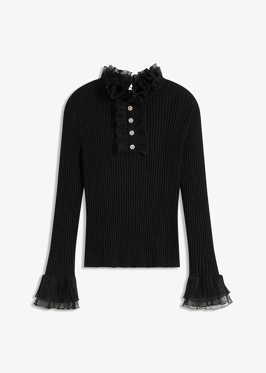 Feinstrick-Shirt mit Chiffon-Volants