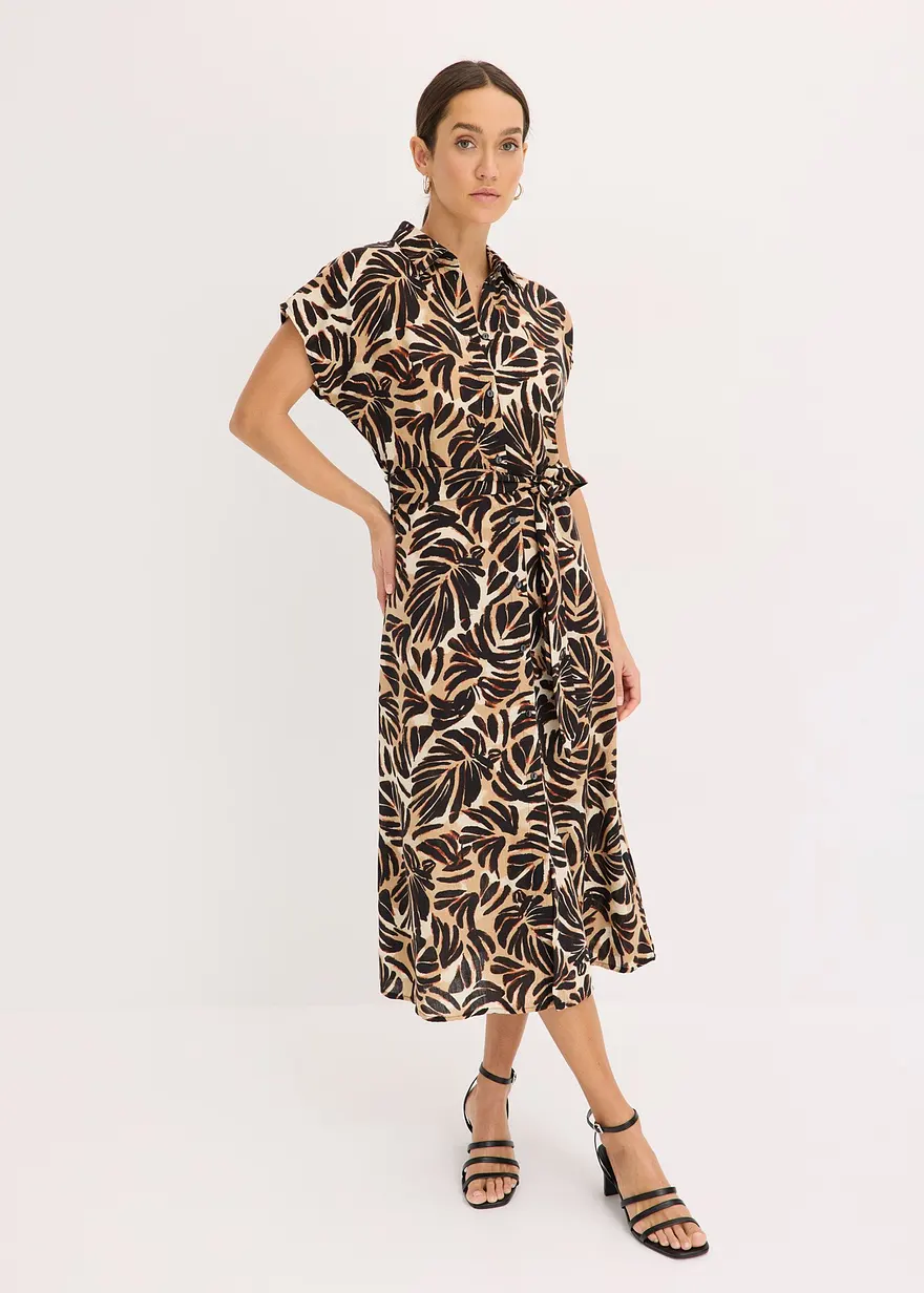 bedrucktes Midikleid in Leinen-Optik