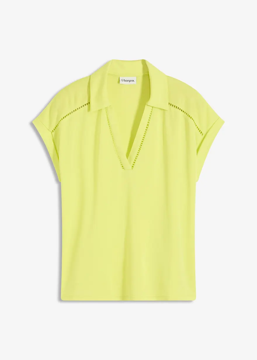 Poloshirt aus Viskose- Pique mit Spitzeneinsatz