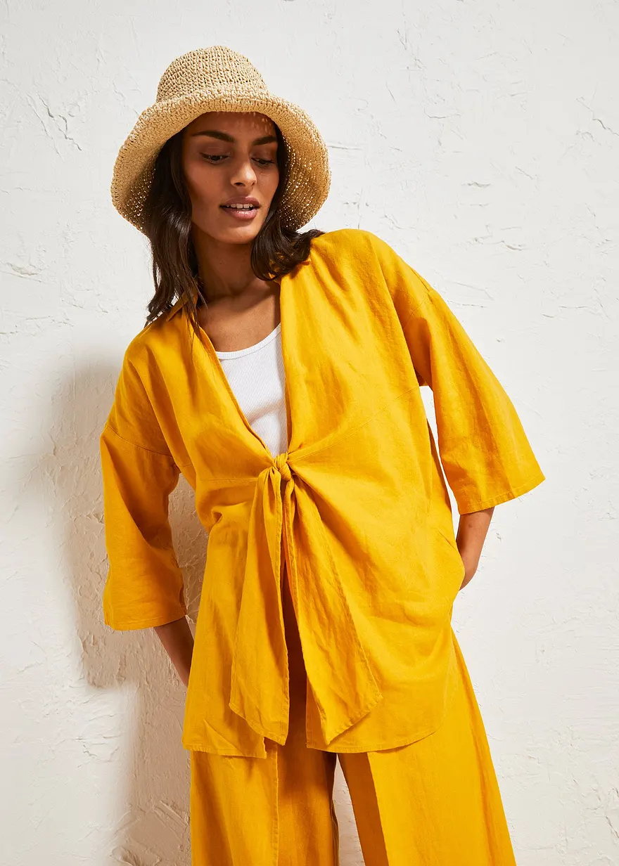 Kimono-Bluse mit Leinen