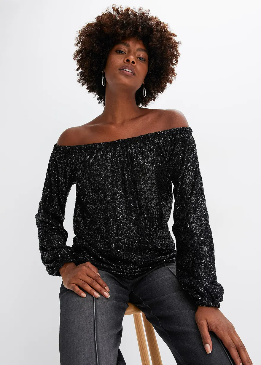 Carmenshirt, Oversized mit Pailletten