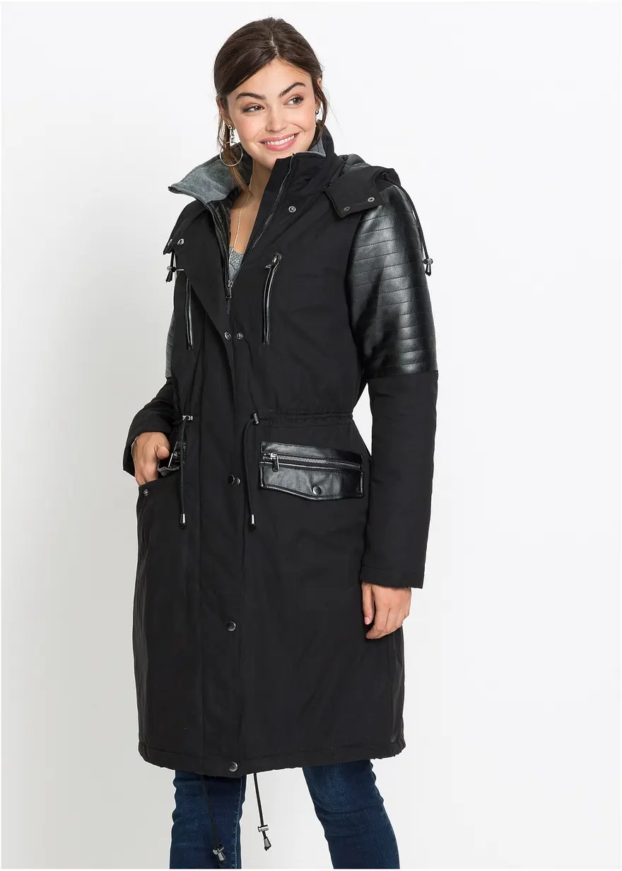 Long-Parka mit Lederimitateinsatz