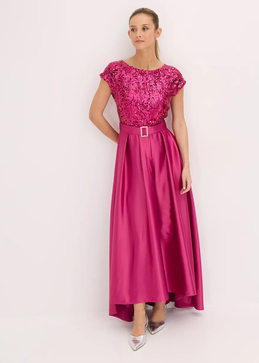 Maxikleid aus glänzendem Satin mit Spitze