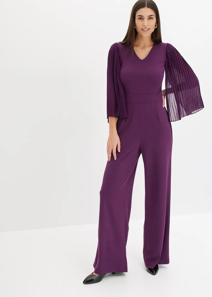 Jersey-Overall mit Plissee-Ärmel aus feinem Chiffon
