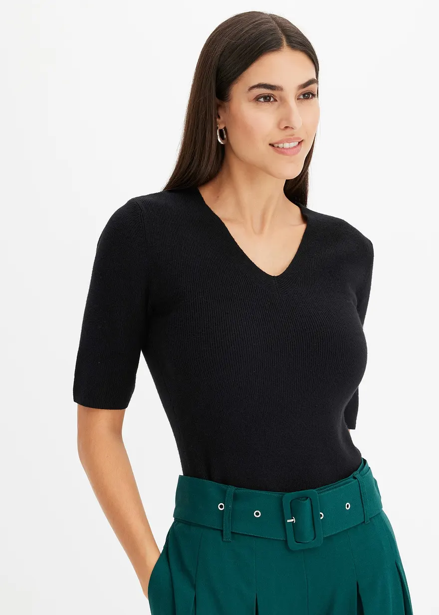 Kurzarm- Rippenpullover mit Viskose