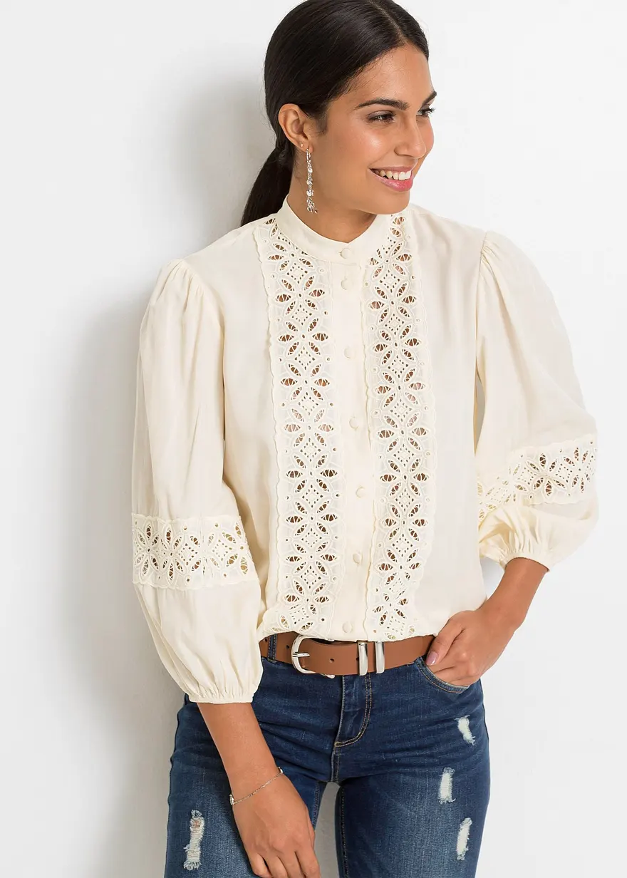 Bluse mit Spitze aus softem Viskose-Mix