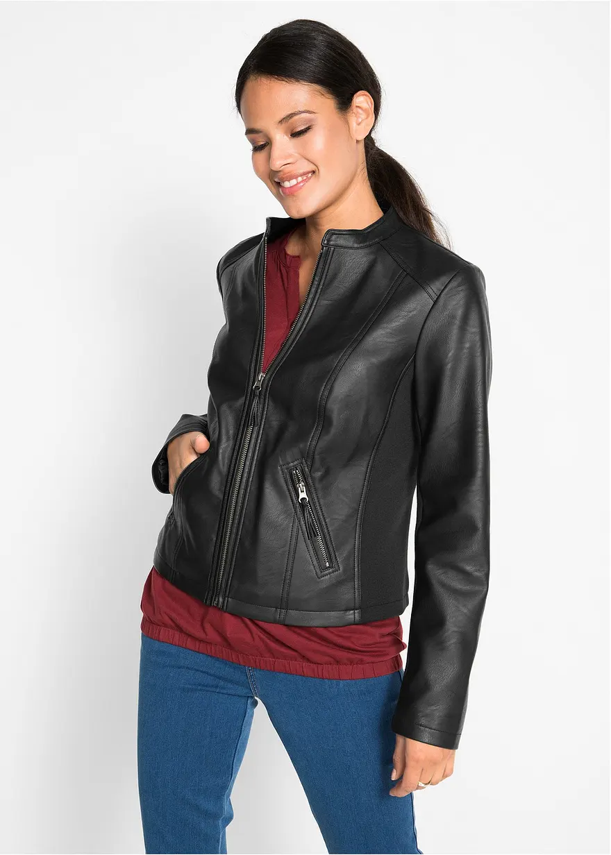 Leichte Lederimitat-Jacke mit seitlichen Stretcheinsätzen, tailliert