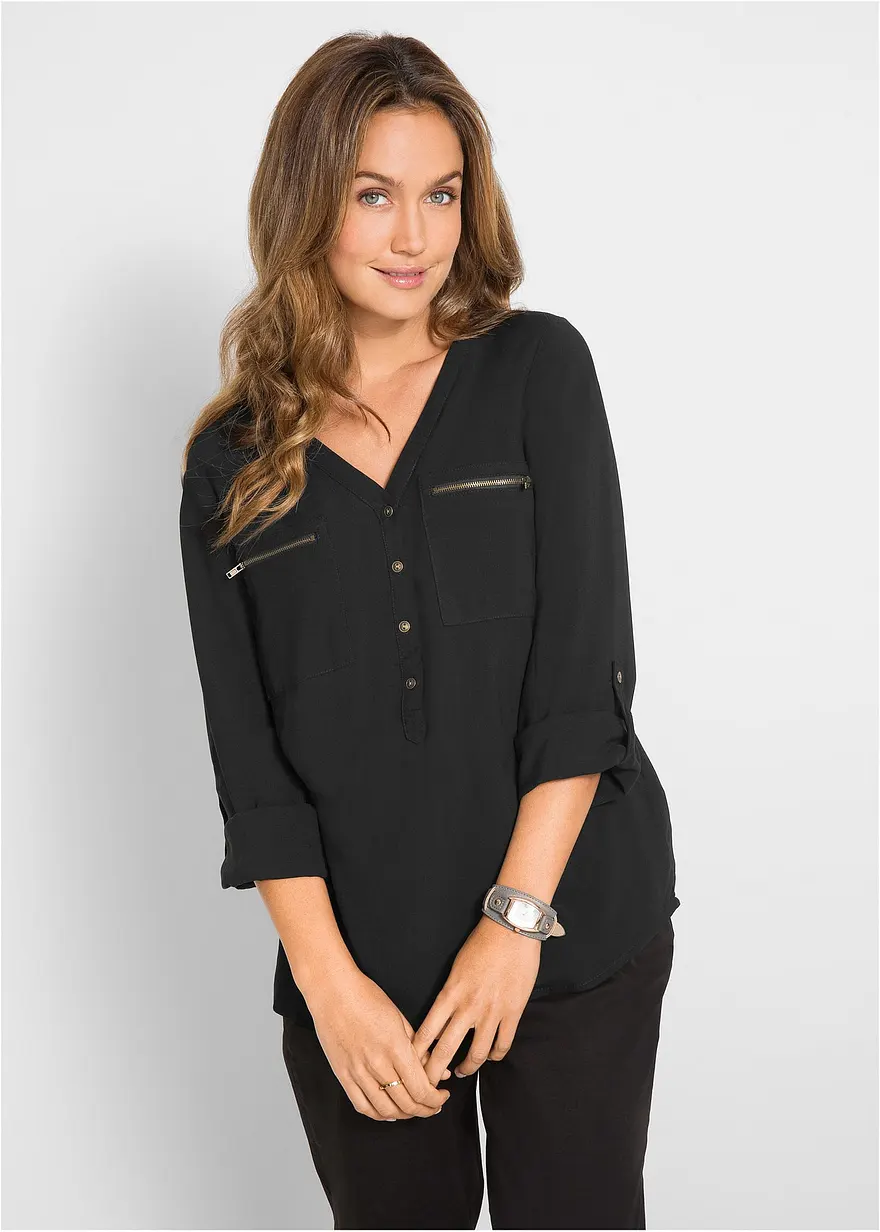 Viskose-Bluse mit V-Ausschnitt, langarm