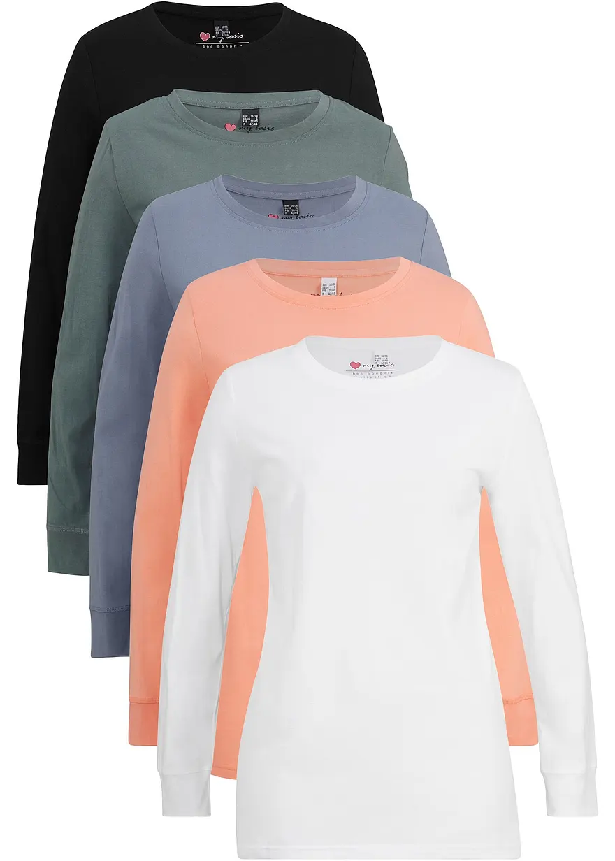 Longshirt mit Rundhalsausschnitt, Langarm (5er Pack)