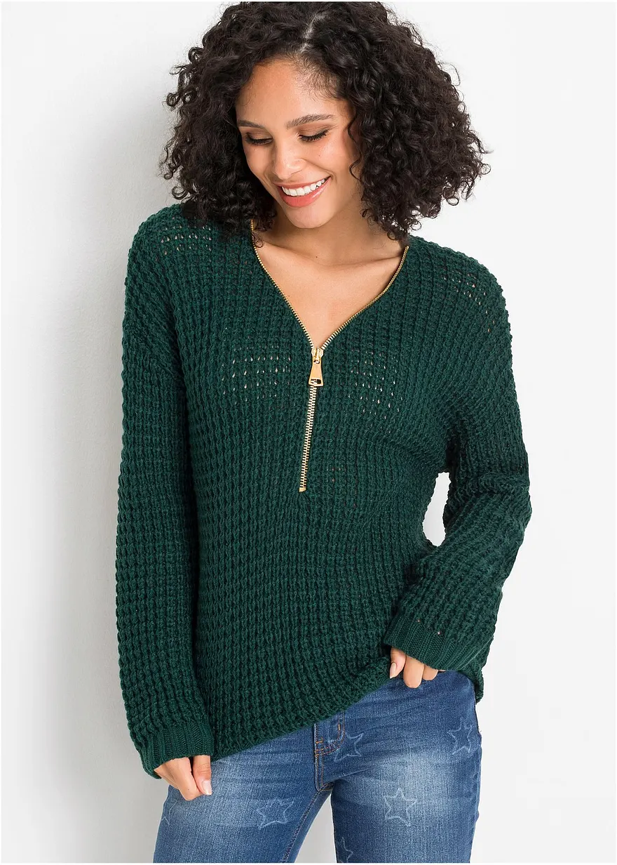 Grobstrick-Pullover mit Reißverschluss-Detail