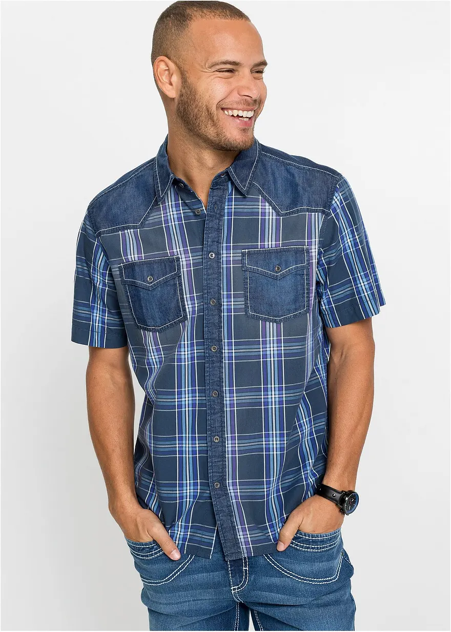 Kurzarmhemd mit Denimbesatz
