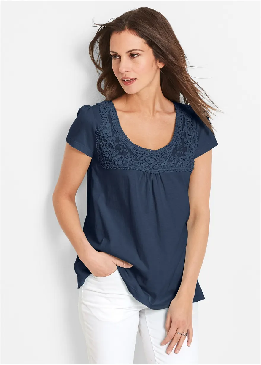 Baumwoll Shirt mit Spitze, Kurzarm