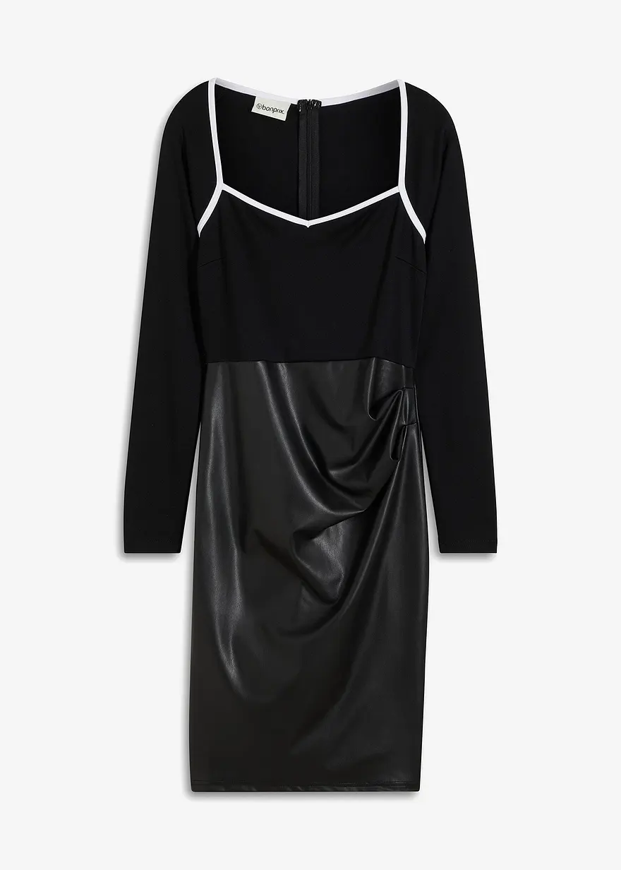 Figurbetontes Jerseykleid mit Lederimitat