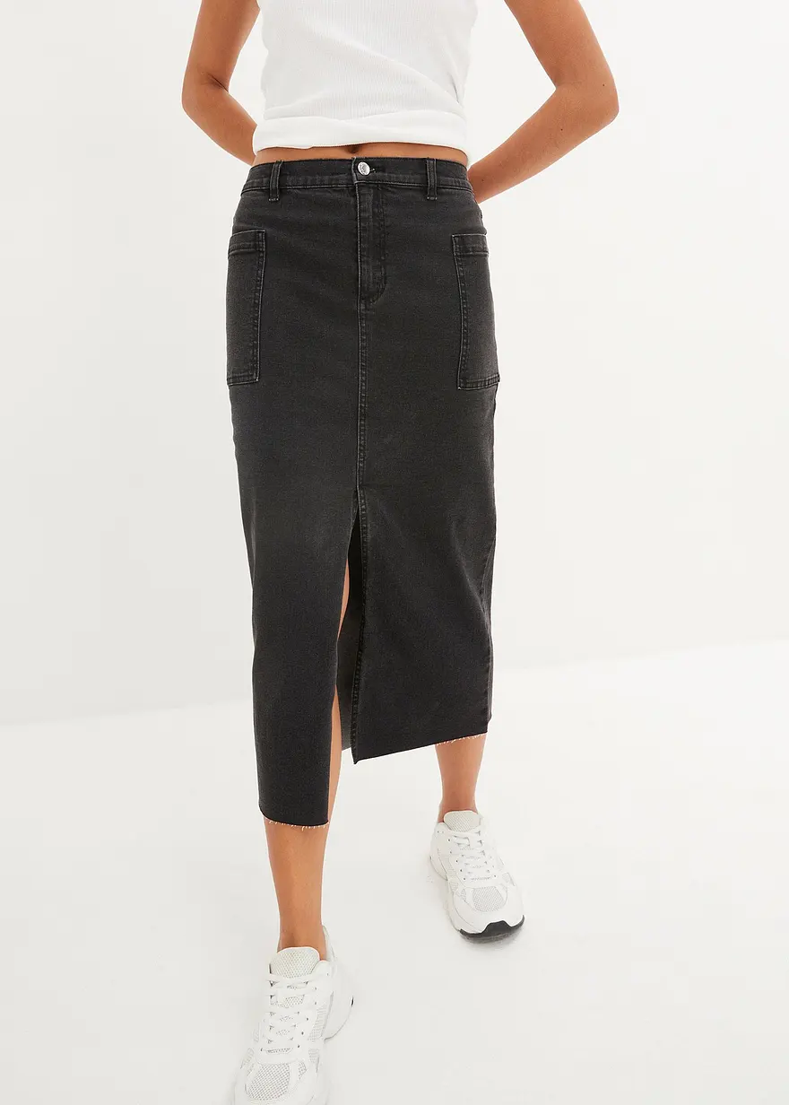 Jeansrock mit Schlitz, Midi