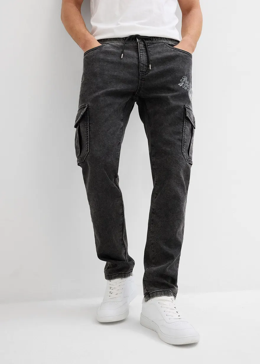 Regular Fit Schlupf-Cargo-Stretch-Jeans, Tapered