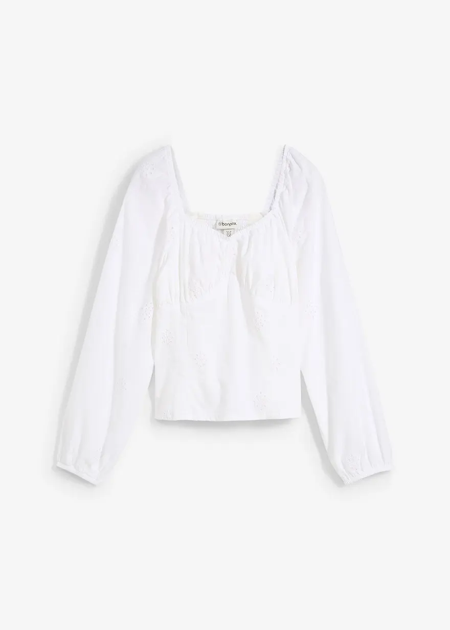 Blusenshirt mit Lochstickerei aus reiner Baumwolle
